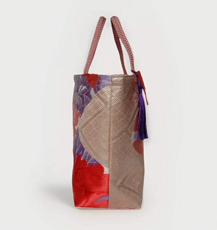 Vintage Fukuro Obi Mini Tote Bag — Pink & Purple Peony Silk