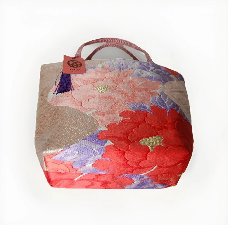 Vintage Fukuro Obi Mini Tote Bag — Pink & Purple Peony Silk