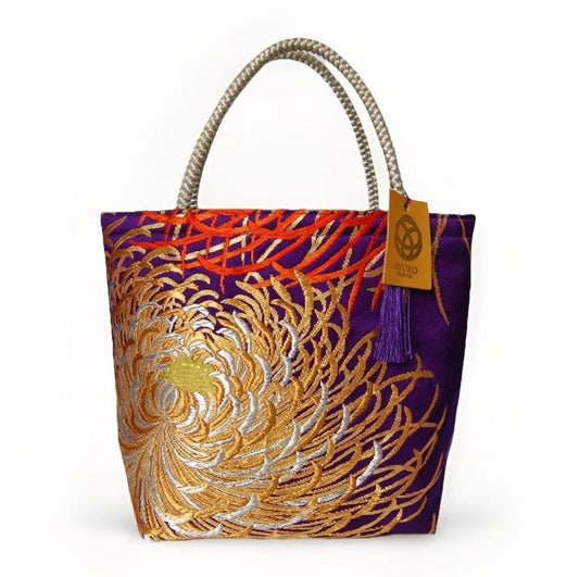 Rangiku 乱菊 Chrysanthemum Vintage Obi Silk Tote in Purple Gold Silver