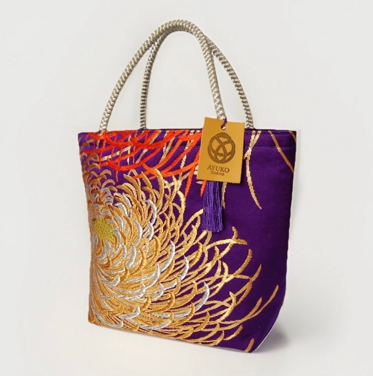 Rangiku 乱菊 Chrysanthemum Vintage Obi Silk Tote in Purple Gold Silver