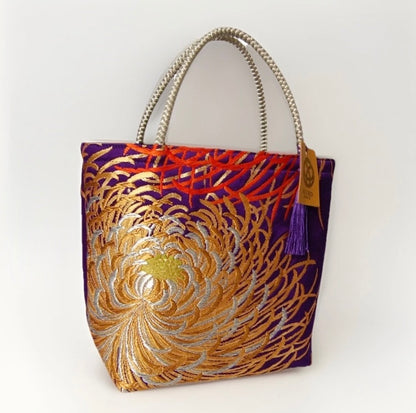 Rangiku 乱菊 Chrysanthemum Vintage Obi Silk Tote in Purple Gold Silver