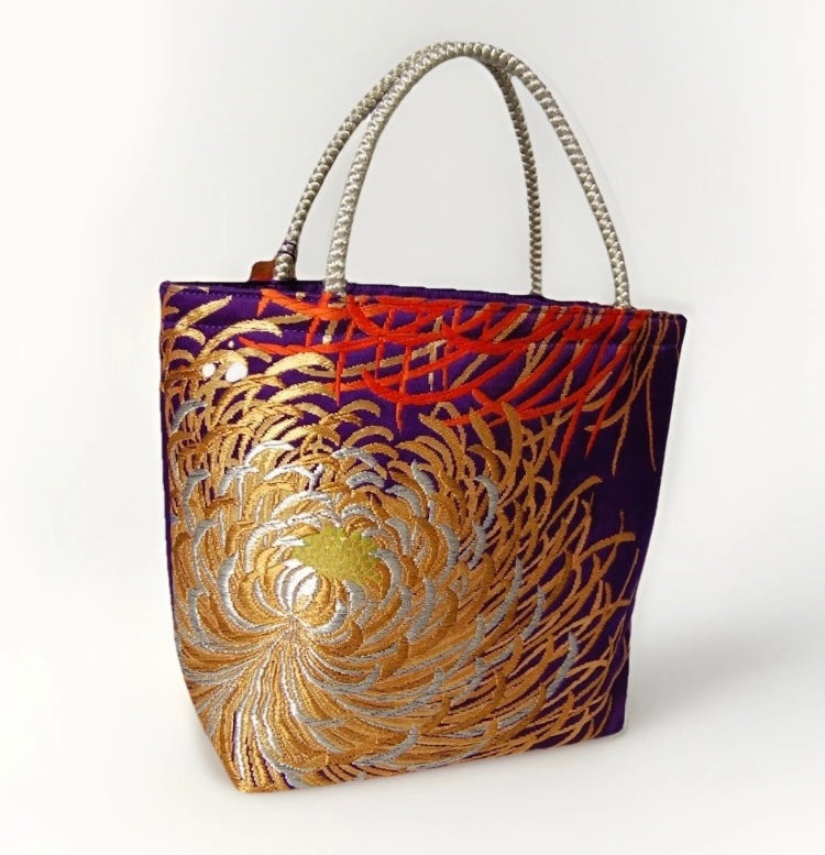 Rangiku 乱菊 Chrysanthemum Vintage Obi Silk Tote in Purple Gold Silver