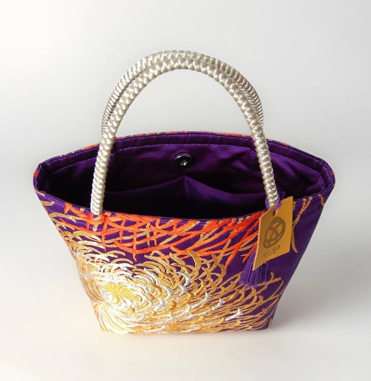 Rangiku 乱菊 Chrysanthemum Vintage Obi Silk Tote in Purple Gold Silver