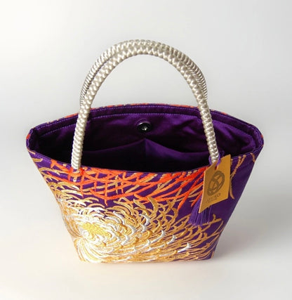 Rangiku 乱菊 Chrysanthemum Vintage Obi Silk Tote in Purple Gold Silver