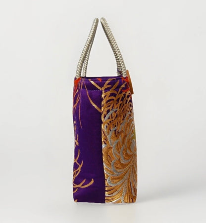 Rangiku 乱菊 Chrysanthemum Vintage Obi Silk Tote in Purple Gold Silver