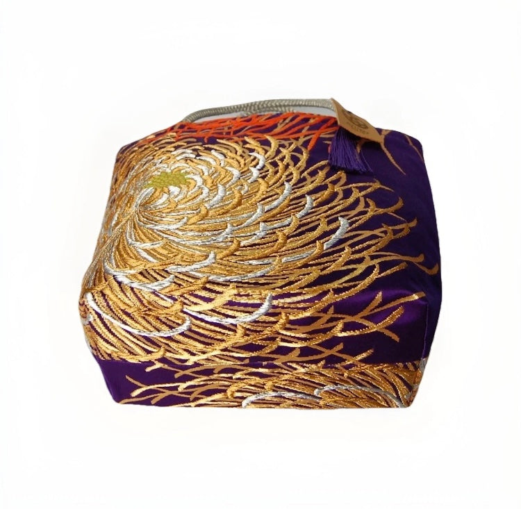Rangiku 乱菊 Chrysanthemum Vintage Obi Silk Tote in Purple Gold Silver