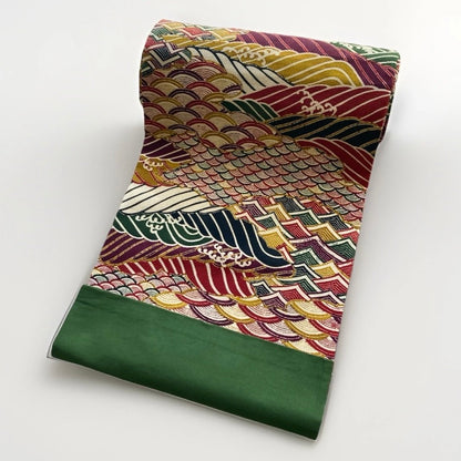 Vintage Obi Silk Cravat — Multicolor Arrow Feather & Wave Motifs 矢羽根立波文