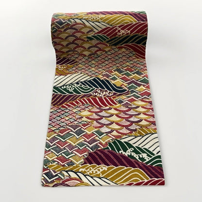 Vintage Obi Silk Cravat — Multicolor Arrow Feather & Wave Motifs 矢羽根立波文