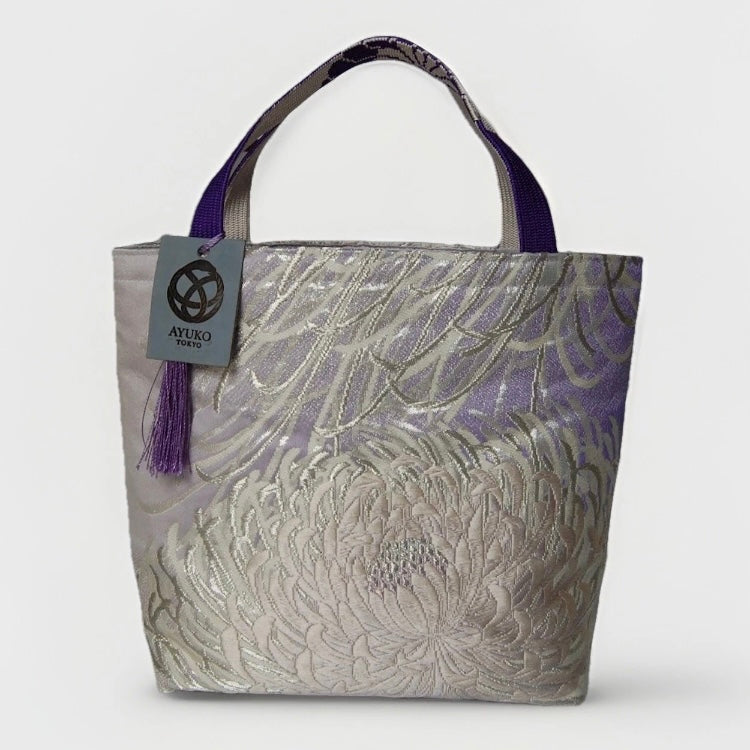 Rangiku 乱菊 Chrysanthemum Vintage Obi Silk Tote in Lavender Silver