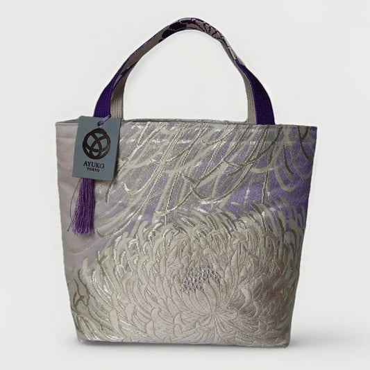 Rangiku 乱菊 Chrysanthemum Vintage Obi Silk Tote in Lavender Silver