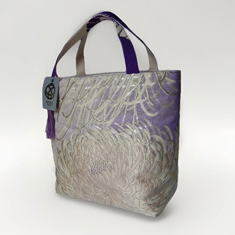 Rangiku 乱菊 Chrysanthemum Vintage Obi Silk Tote in Lavender Silver