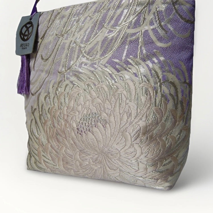 Rangiku 乱菊 Chrysanthemum Vintage Obi Silk Tote in Lavender Silver