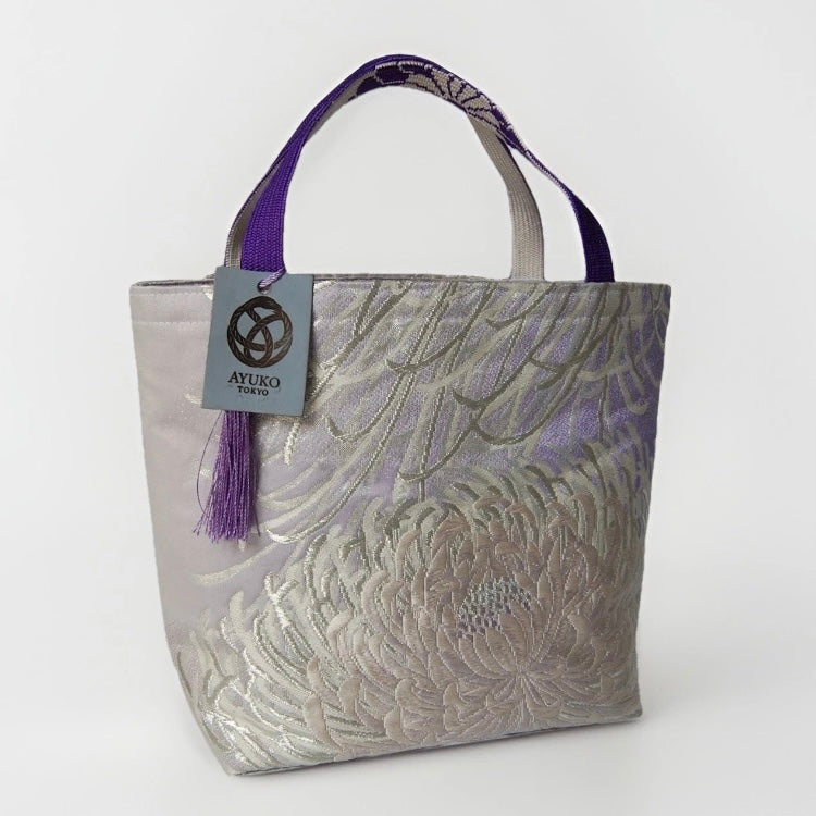 Rangiku 乱菊 Chrysanthemum Vintage Obi Silk Tote in Lavender Silver