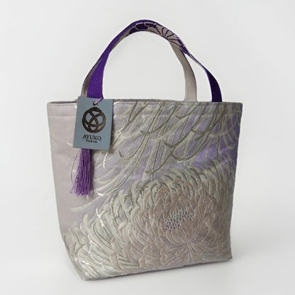 Rangiku 乱菊 Chrysanthemum Vintage Obi Silk Tote in Lavender Silver