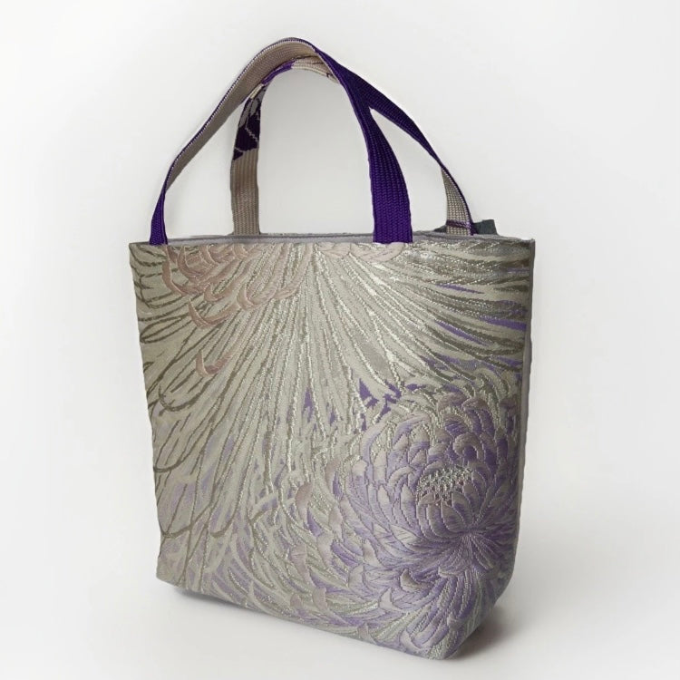 Rangiku 乱菊 Chrysanthemum Vintage Obi Silk Tote in Lavender Silver
