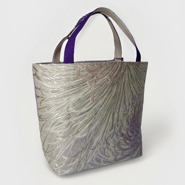 Rangiku 乱菊 Chrysanthemum Vintage Obi Silk Tote in Lavender Silver