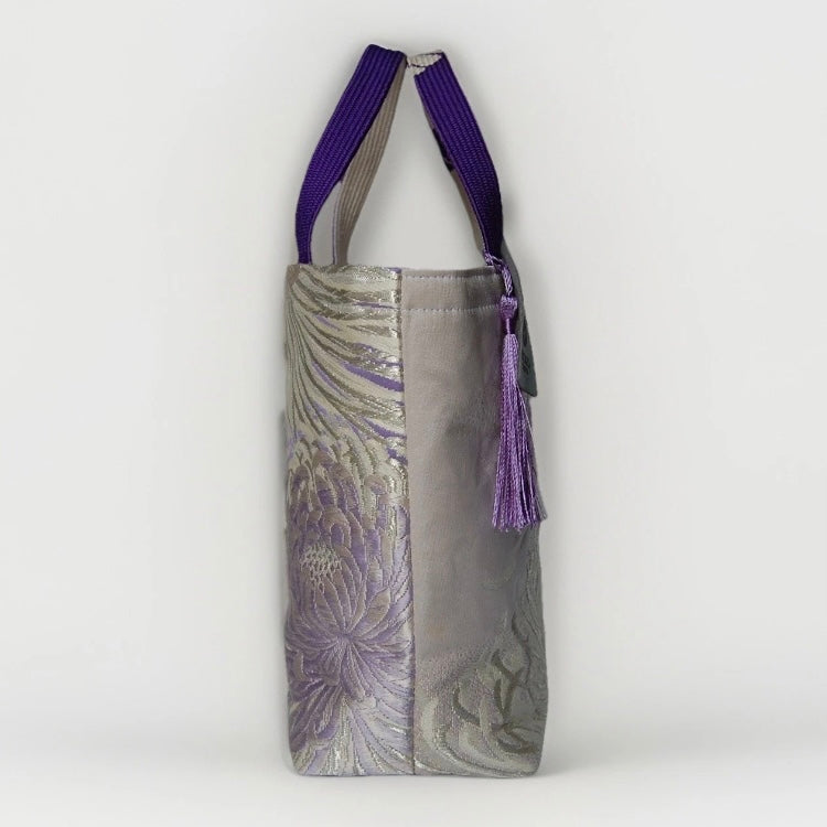 Rangiku 乱菊 Chrysanthemum Vintage Obi Silk Tote in Lavender Silver