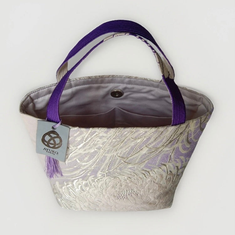 Rangiku 乱菊 Chrysanthemum Vintage Obi Silk Tote in Lavender Silver
