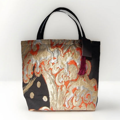 Vintage Fukuro Obi Mini Tote Bag — Gold & Silver Standing Wave on Black Silk