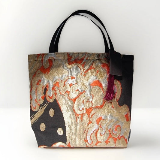 Vintage Fukuro Obi Mini Tote Bag — Gold & Silver Standing Wave on Black Silk