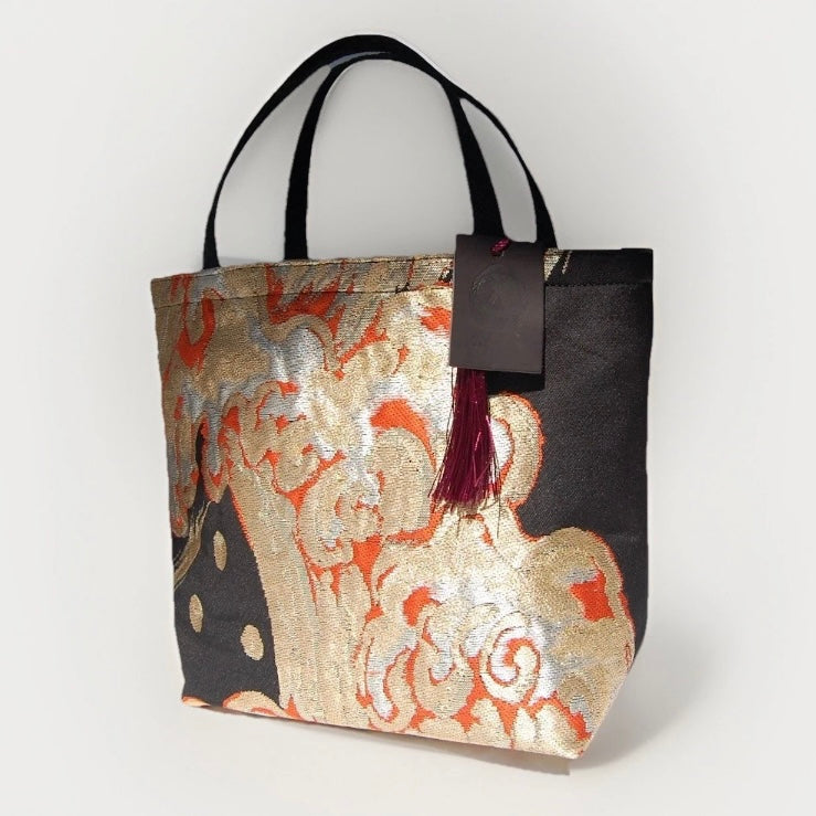 Vintage Fukuro Obi Mini Tote Bag — Gold & Silver Standing Wave on Black Silk