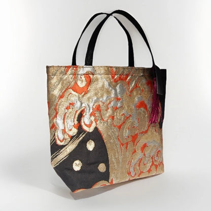 Vintage Fukuro Obi Mini Tote Bag — Gold & Silver Standing Wave on Black Silk