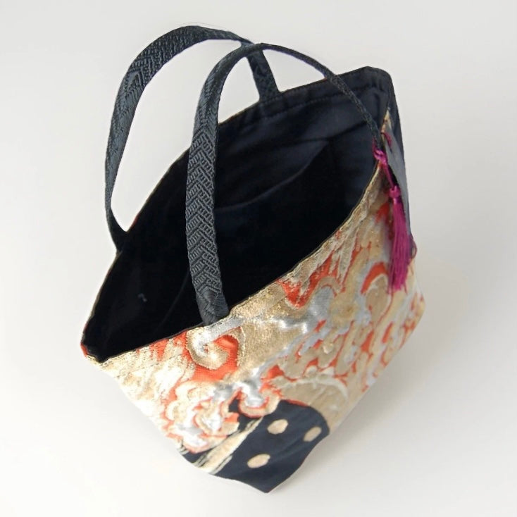 Vintage Fukuro Obi Mini Tote Bag — Gold & Silver Standing Wave on Black Silk