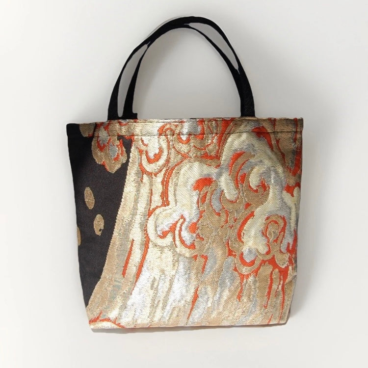 Vintage Fukuro Obi Mini Tote Bag — Gold & Silver Standing Wave on Black Silk