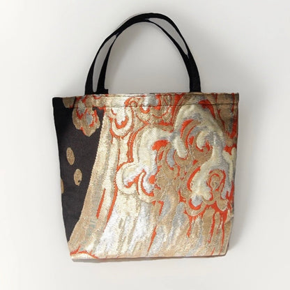 Vintage Fukuro Obi Mini Tote Bag — Gold & Silver Standing Wave on Black Silk