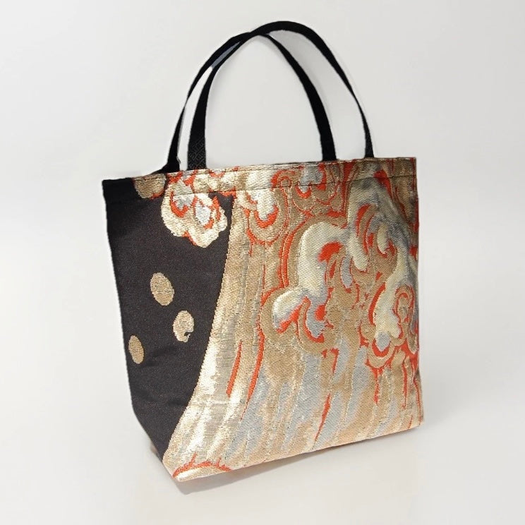 Vintage Fukuro Obi Mini Tote Bag — Gold & Silver Standing Wave on Black Silk