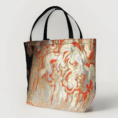 Vintage Fukuro Obi Mini Tote Bag — Gold & Silver Standing Wave on Black Silk