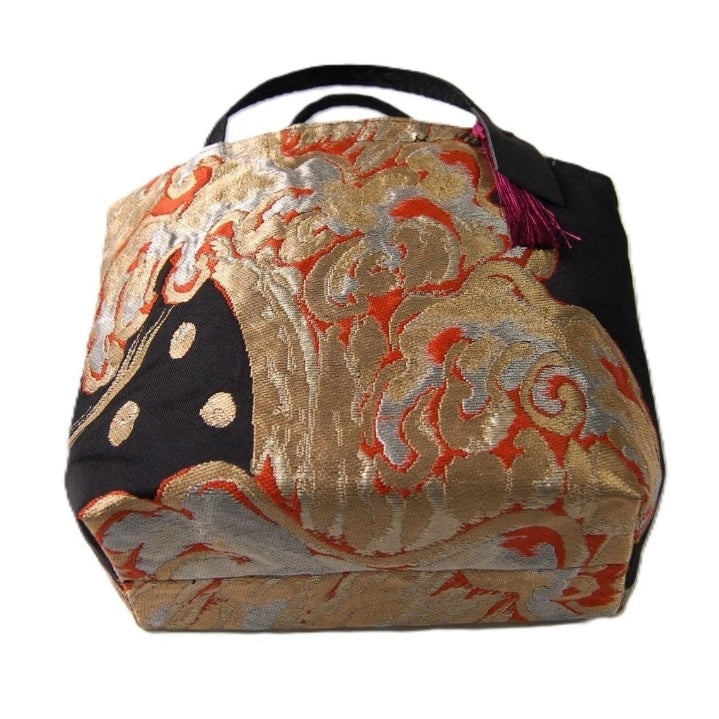 Vintage Fukuro Obi Mini Tote Bag — Gold & Silver Standing Wave on Black Silk