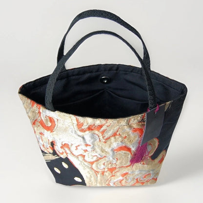 Vintage Fukuro Obi Mini Tote Bag — Gold & Silver Standing Wave on Black Silk