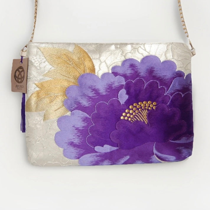Vintage Fukuro Obi Shoulder Bag — Purple Peony on Silver Silk