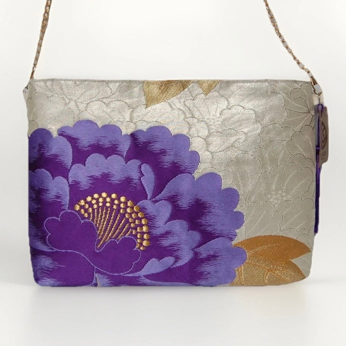 Vintage Fukuro Obi Shoulder Bag — Purple Peony on Silver Silk