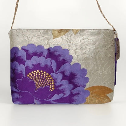 Vintage Fukuro Obi Shoulder Bag — Purple Peony on Silver Silk