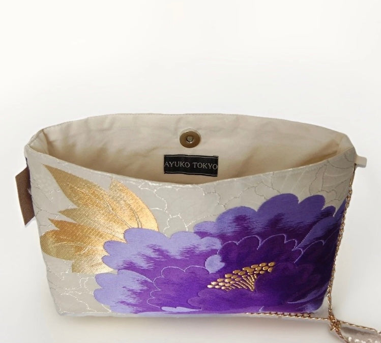 Vintage Fukuro Obi Shoulder Bag — Purple Peony on Silver Silk