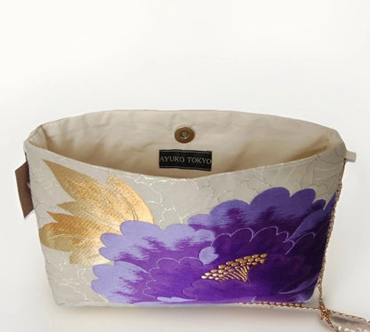 Vintage Fukuro Obi Shoulder Bag — Purple Peony on Silver Silk