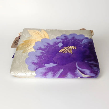 Vintage Fukuro Obi Shoulder Bag — Purple Peony on Silver Silk