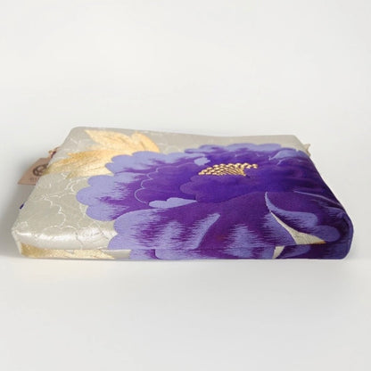 Vintage Fukuro Obi Shoulder Bag — Purple Peony on Silver Silk