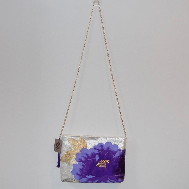 Vintage Fukuro Obi Shoulder Bag — Purple Peony on Silver Silk