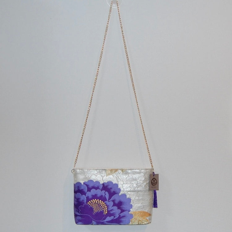 Vintage Fukuro Obi Shoulder Bag — Purple Peony on Silver Silk