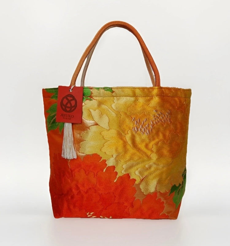 Vintage Fukuro Obi Mini Tote Bag — Orange & Yellow Peony Silk Tote