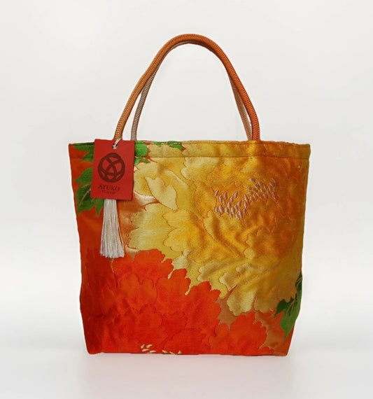 Vintage Fukuro Obi Mini Tote Bag — Orange & Yellow Peony Silk Tote