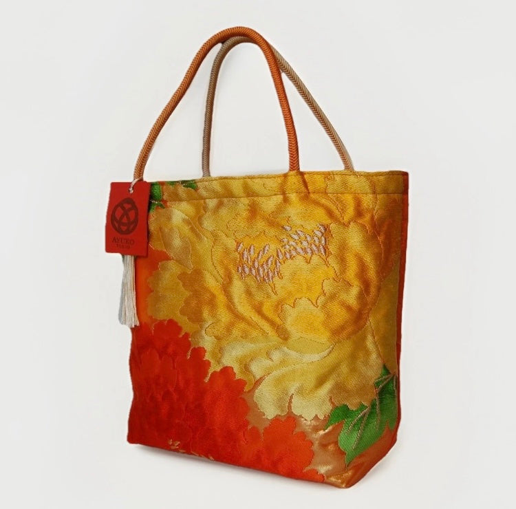 Vintage Fukuro Obi Mini Tote Bag — Orange & Yellow Peony Silk Tote
