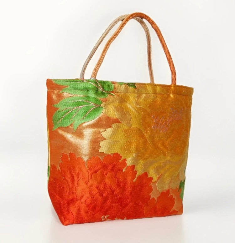Vintage Fukuro Obi Mini Tote Bag — Orange & Yellow Peony Silk Tote