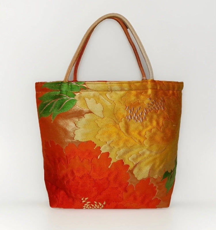 Vintage Fukuro Obi Mini Tote Bag — Orange & Yellow Peony Silk Tote