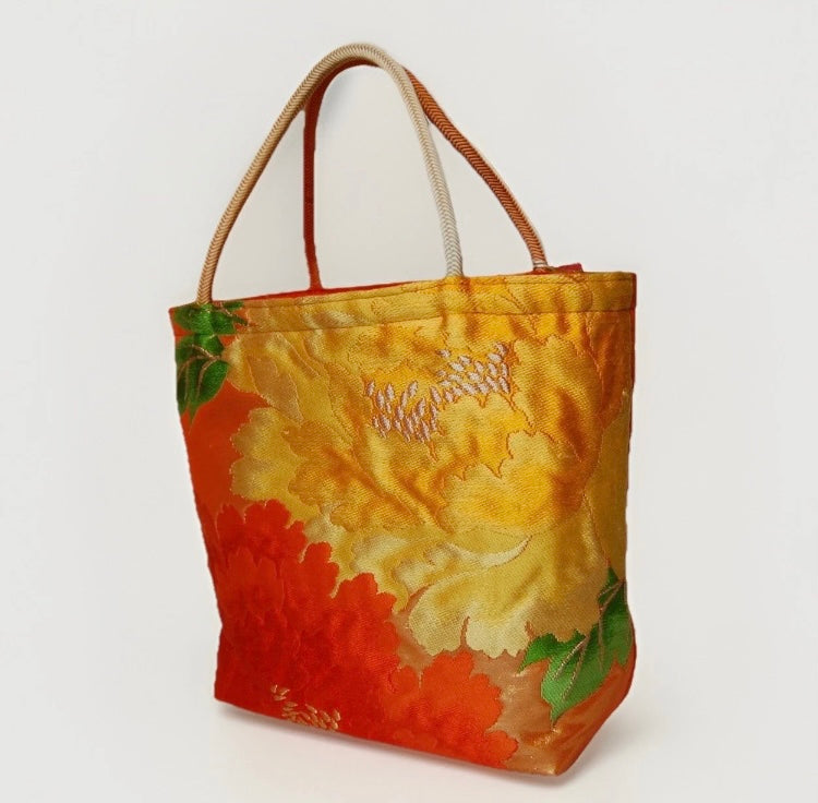 Vintage Fukuro Obi Mini Tote Bag — Orange & Yellow Peony Silk Tote