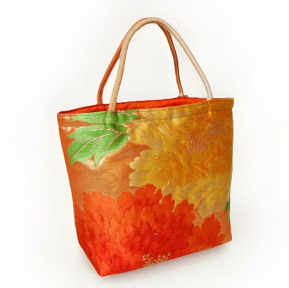 Vintage Fukuro Obi Mini Tote Bag — Orange & Yellow Peony Silk Tote
