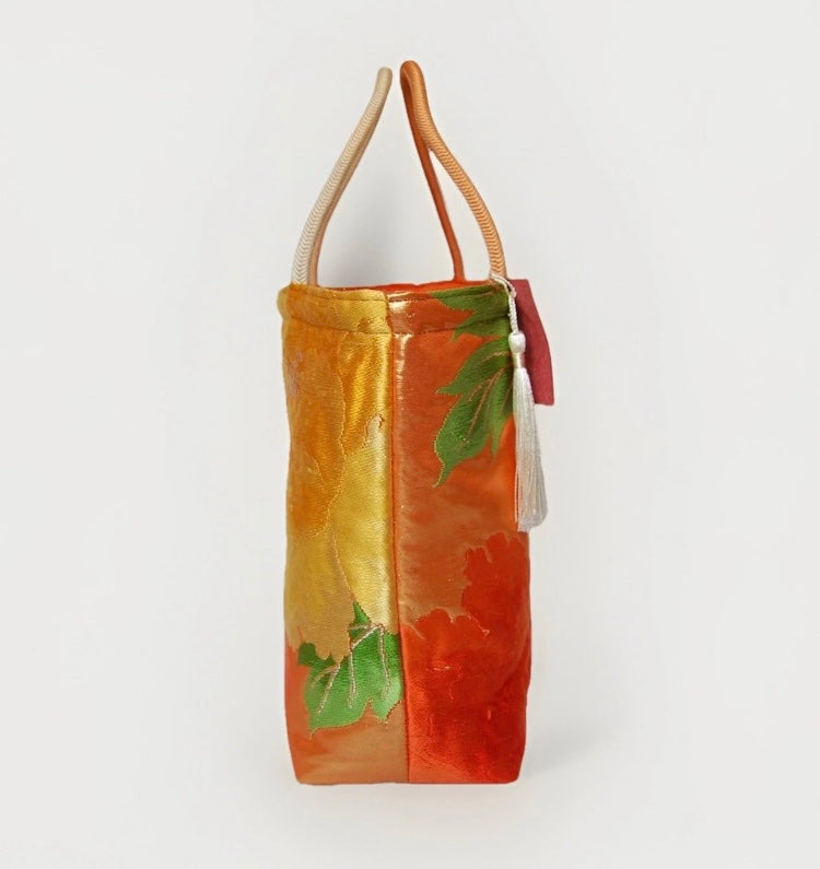 Vintage Fukuro Obi Mini Tote Bag — Orange & Yellow Peony Silk Tote